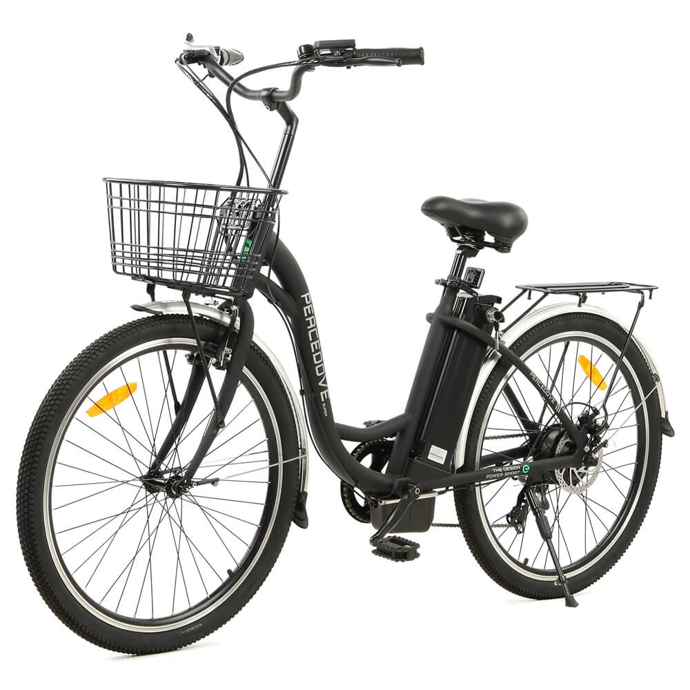 Ecotric 26inch Black Peacedove electric city bike with basket and rear rack - Green Vista Living