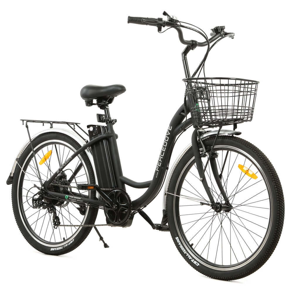 Ecotric 26inch Black Peacedove electric city bike with basket and rear rack - Green Vista Living