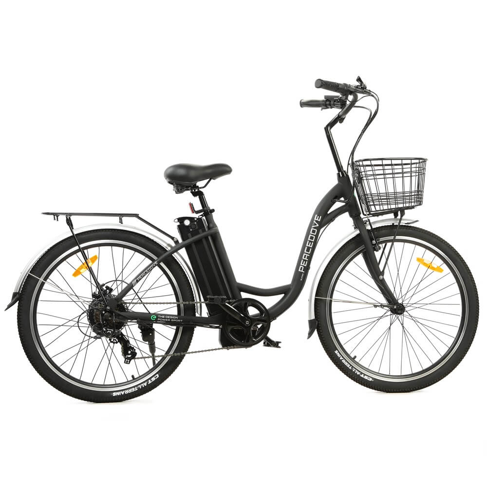 Ecotric 26inch Black Peacedove electric city bike with basket and rear rack - Green Vista Living