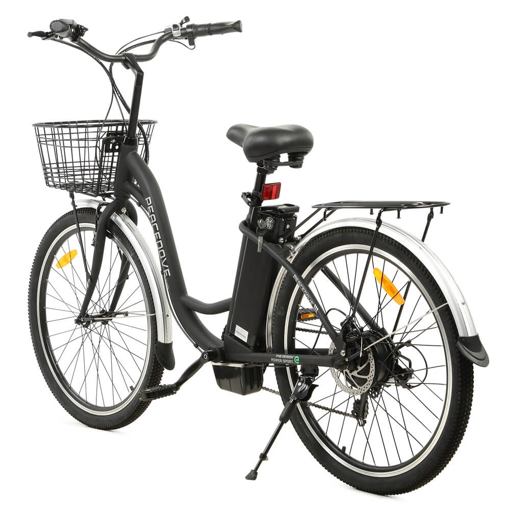 Ecotric 26inch Black Peacedove electric city bike with basket and rear rack - Green Vista Living
