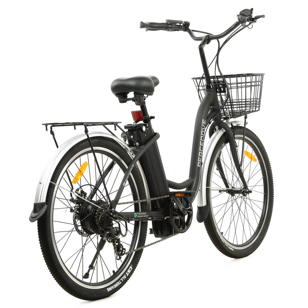 Ecotric 26inch Black Peacedove electric city bike with basket and rear rack - Green Vista Living