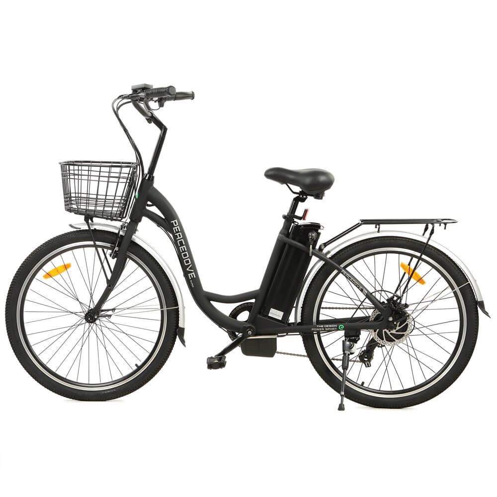 Ecotric 26inch Black Peacedove electric city bike with basket and rear rack - Green Vista Living