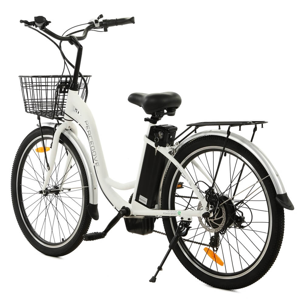 Ecotric 26inch White Peacedove electric city bike with basket and rear rack - Green Vista Living