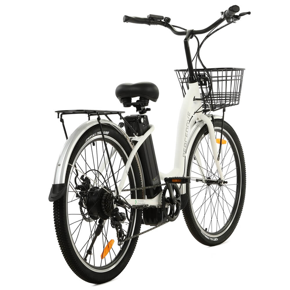 Ecotric 26inch White Peacedove electric city bike with basket and rear rack - Green Vista Living