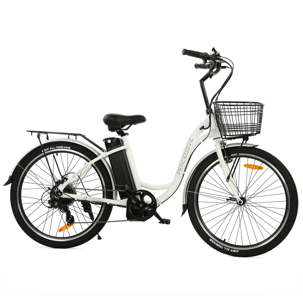 Ecotric 26inch White Peacedove electric city bike with basket and rear rack - Green Vista Living