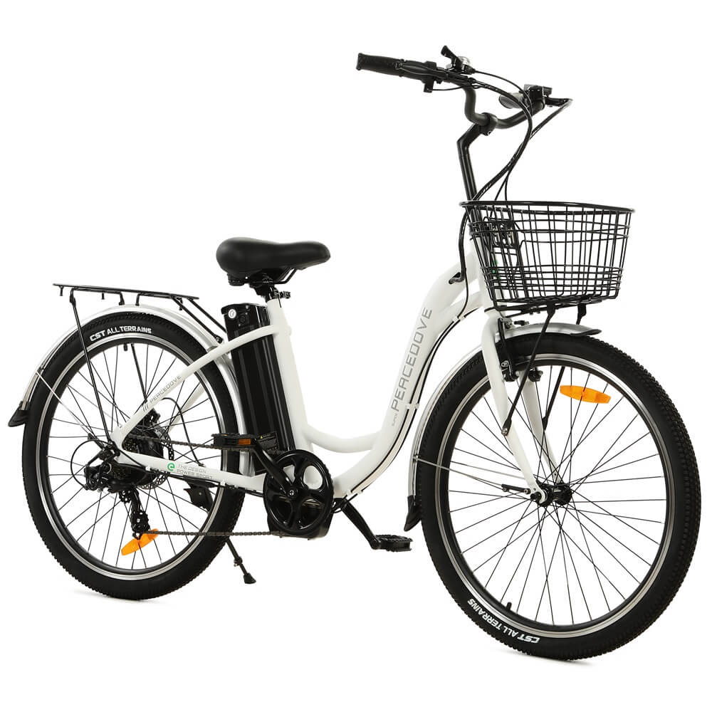 Ecotric 26inch White Peacedove electric city bike with basket and rear rack - Green Vista Living