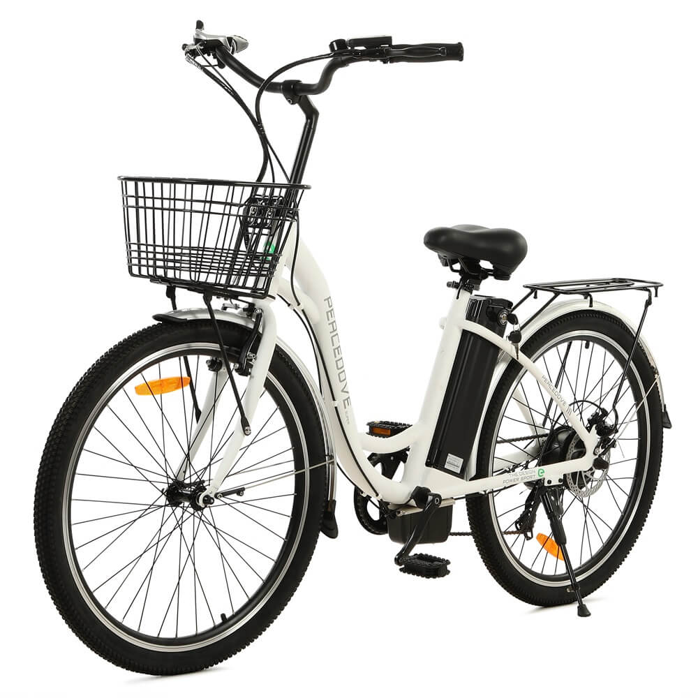 Ecotric 26inch White Peacedove electric city bike with basket and rear rack - Green Vista Living