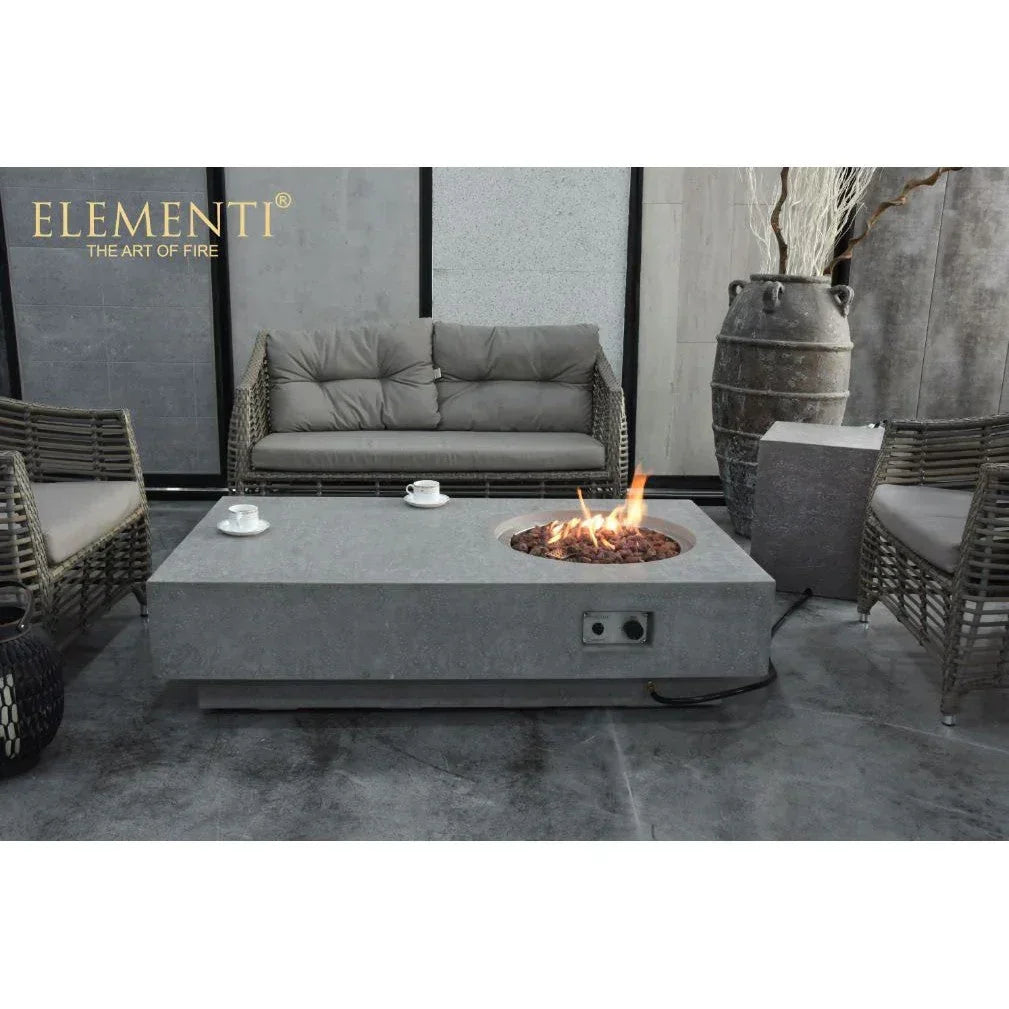 Elementi Metropolis Fire Table with tank cover, outdoor patio, modern gray furniture, flames