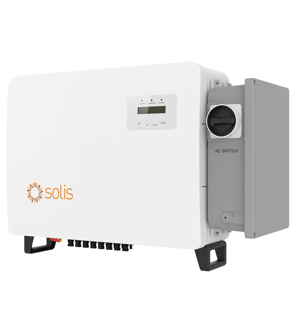 Solis solar inverter with digital display and AC switch, white rectangular design