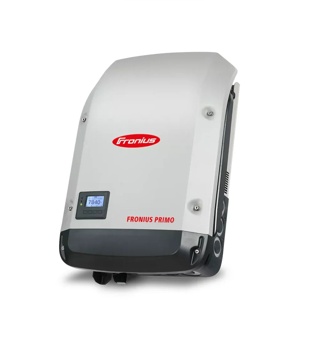 Fronius Primo solar inverter with digital display, wall-mounted, sleek silver and black design