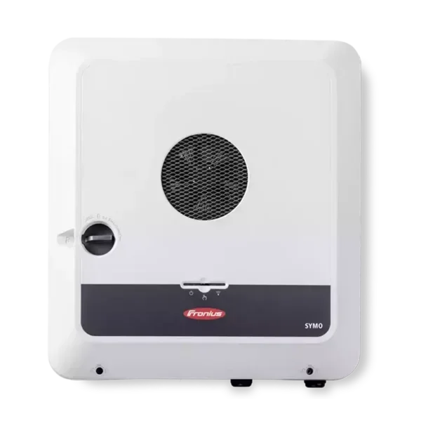 Fronius Symo solar inverter front view, white casing, ventilation grille, wall-mounted