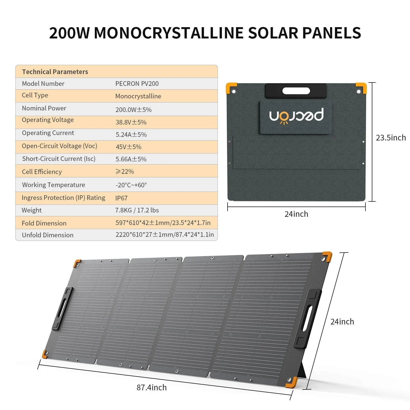 PECRON PV200 200W Portable Solar Panel Waterproof IP67 - Green Vista Living