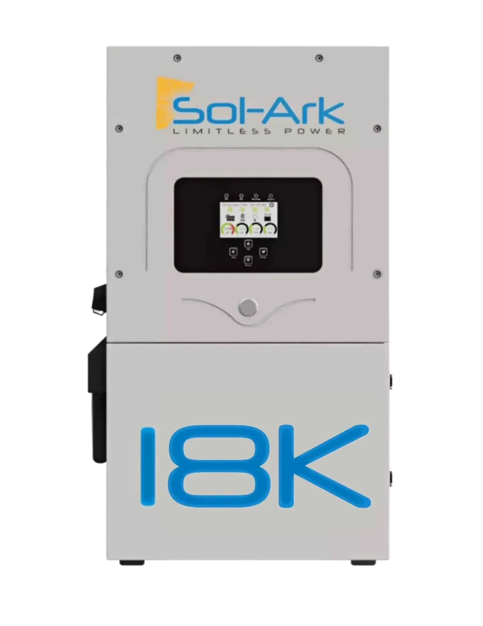 Sol-Ark 18K inverter front view with display screen, grey casing, and blue branding.