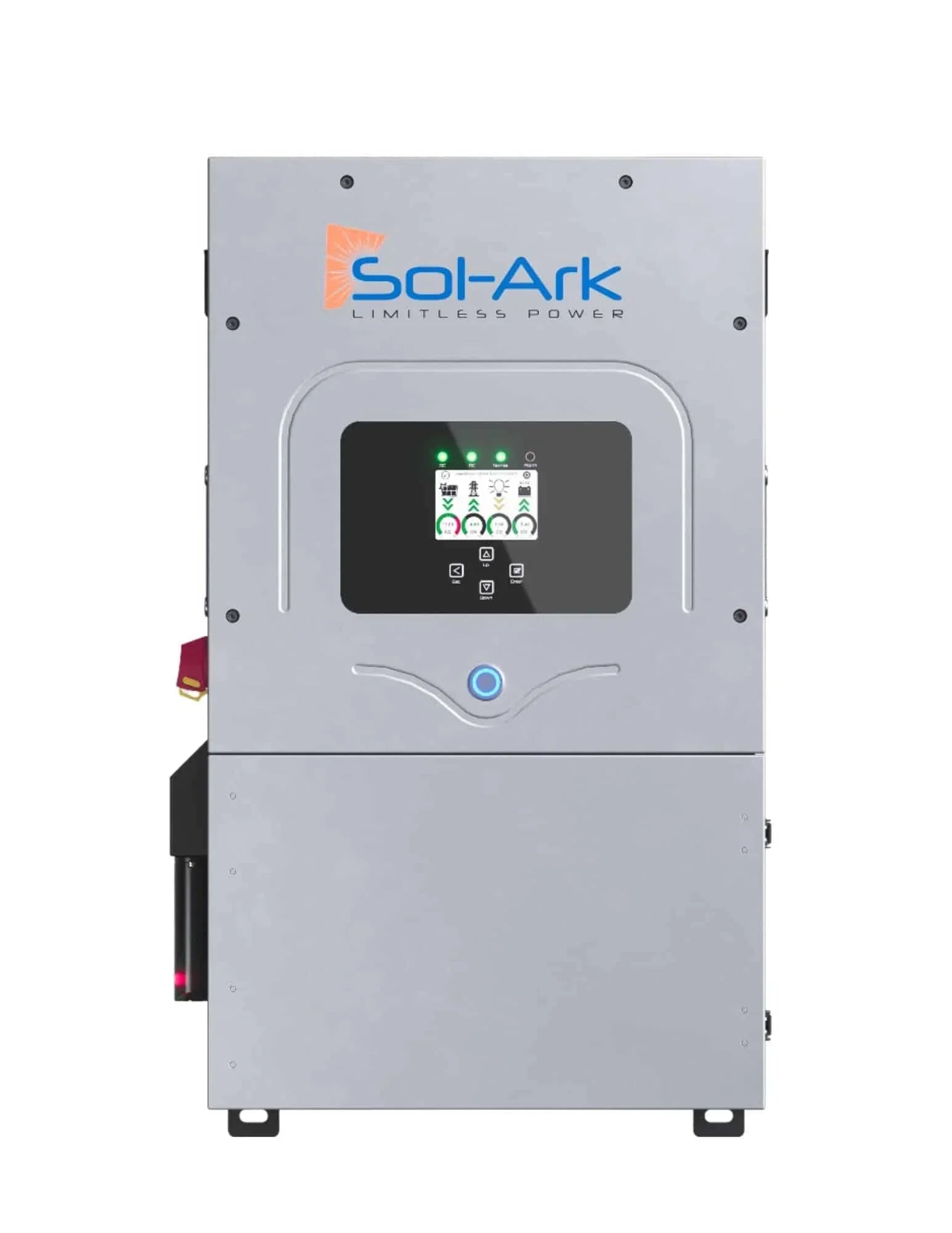 Sol-Ark solar inverter with digital display and gray metal casing for renewable energy systems