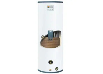 Racold vertical water heater with cutaway showing internal heating coil and tank