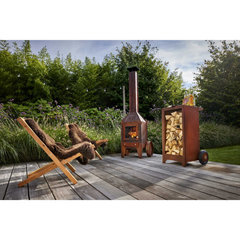 RB73 Bijuga 3mm CorTen Steel Fireplace With Two Wheels and a Push Bar