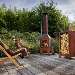 RB73 Bijuga 3mm CorTen Steel Fireplace With Two Wheels and a Push Bar
