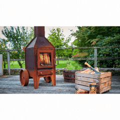 RB73 Bijuga 3mm CorTen Steel Fireplace With Two Wheels and a Push Bar