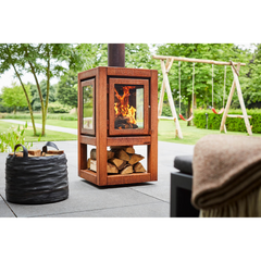 RB73 Quaruba XL MOBILE 4-Sided Glass Warm Brown CorTen Steel Wood-Burning Outdoor Fireplace