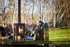 RB73 Quaruba XXL MOBILE 4-Sided Glass Warm Brown CorTen Steel Wood-Burning Outdoor Fireplace