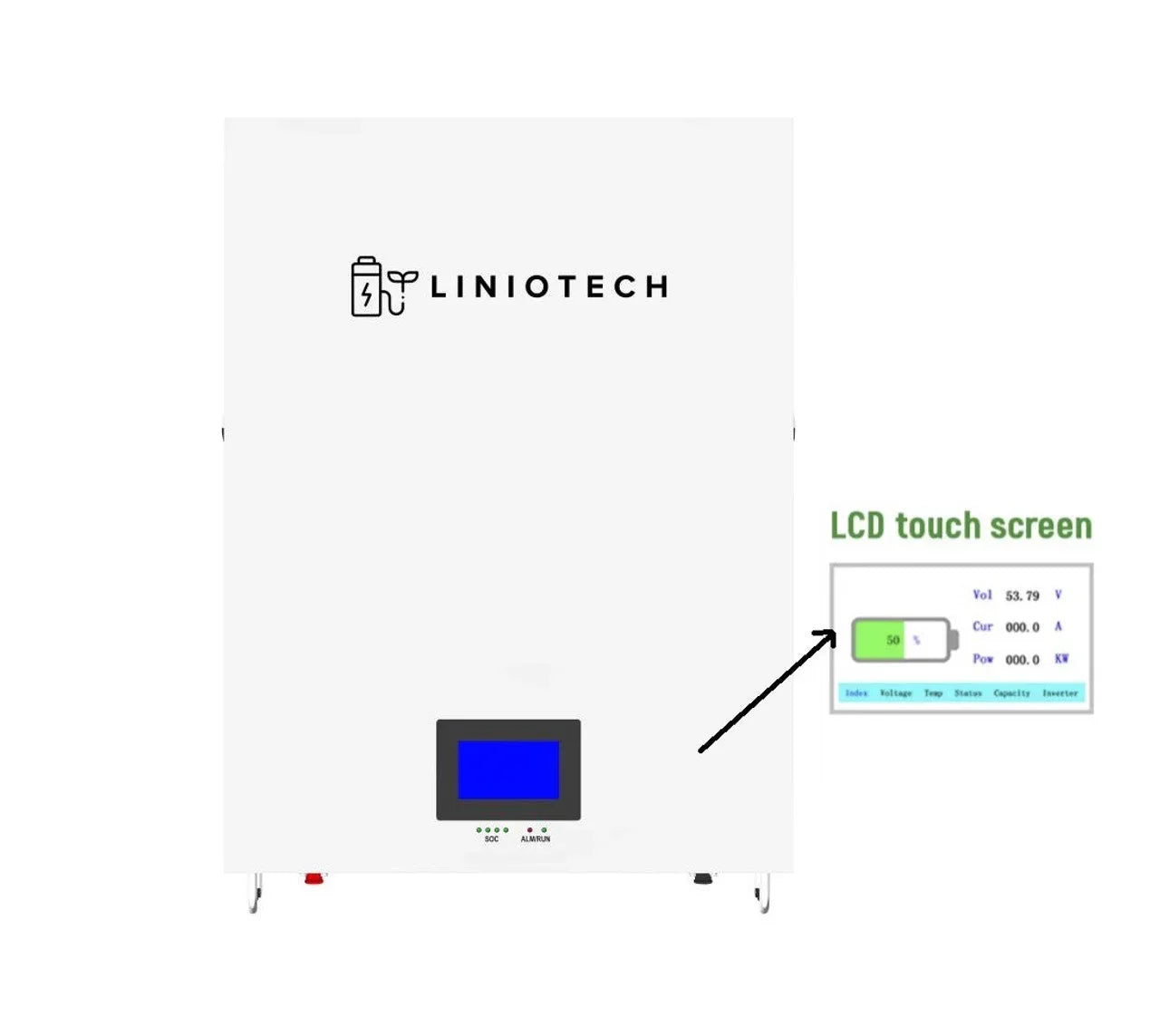 Liniotech wall-mounted battery with LCD touch screen display and power indicators