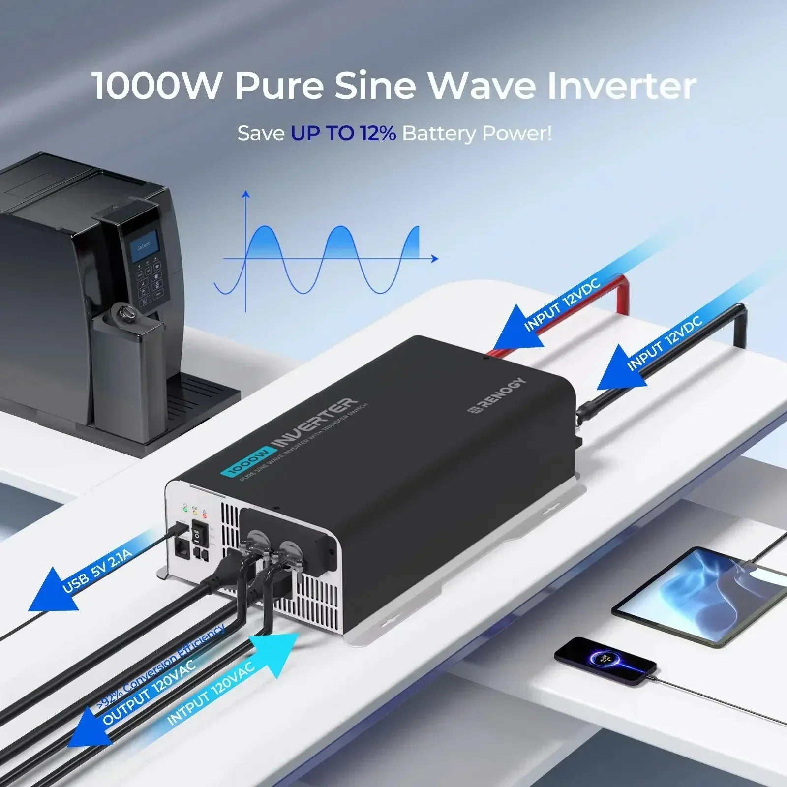 1000W 12V Pure Sine Wave Inverter with UPS Transfer Switch and Built-in Bluetooth - Green Vista Living