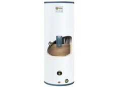 Racold vertical water heater with cutaway showing internal heating coil and tank