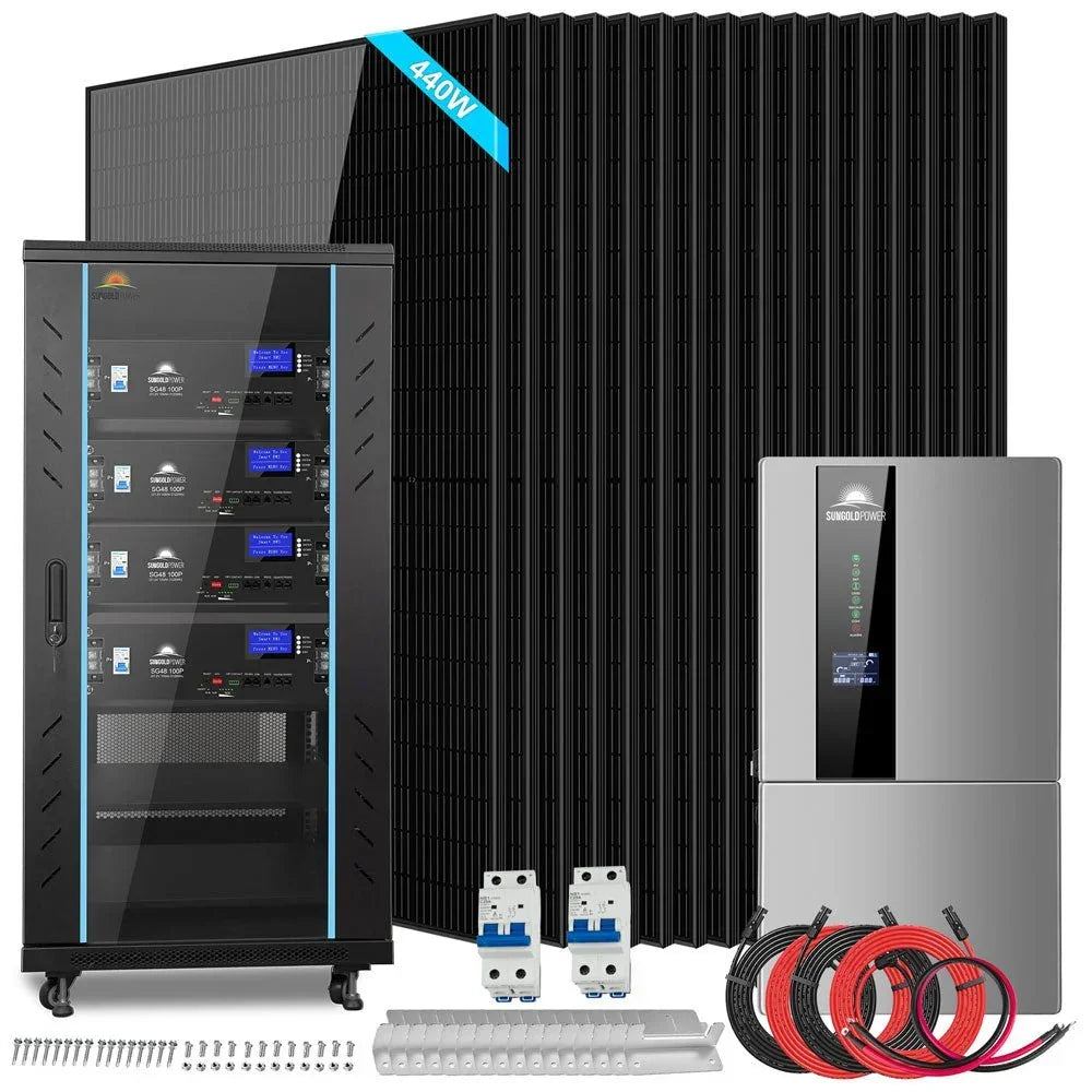 SUNGOLDPOWER solar panel kit with inverter, battery bank, cables, and circuit breakers