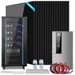 SUNGOLDPOWER solar panel kit with inverter, battery bank, cables, and circuit breakers