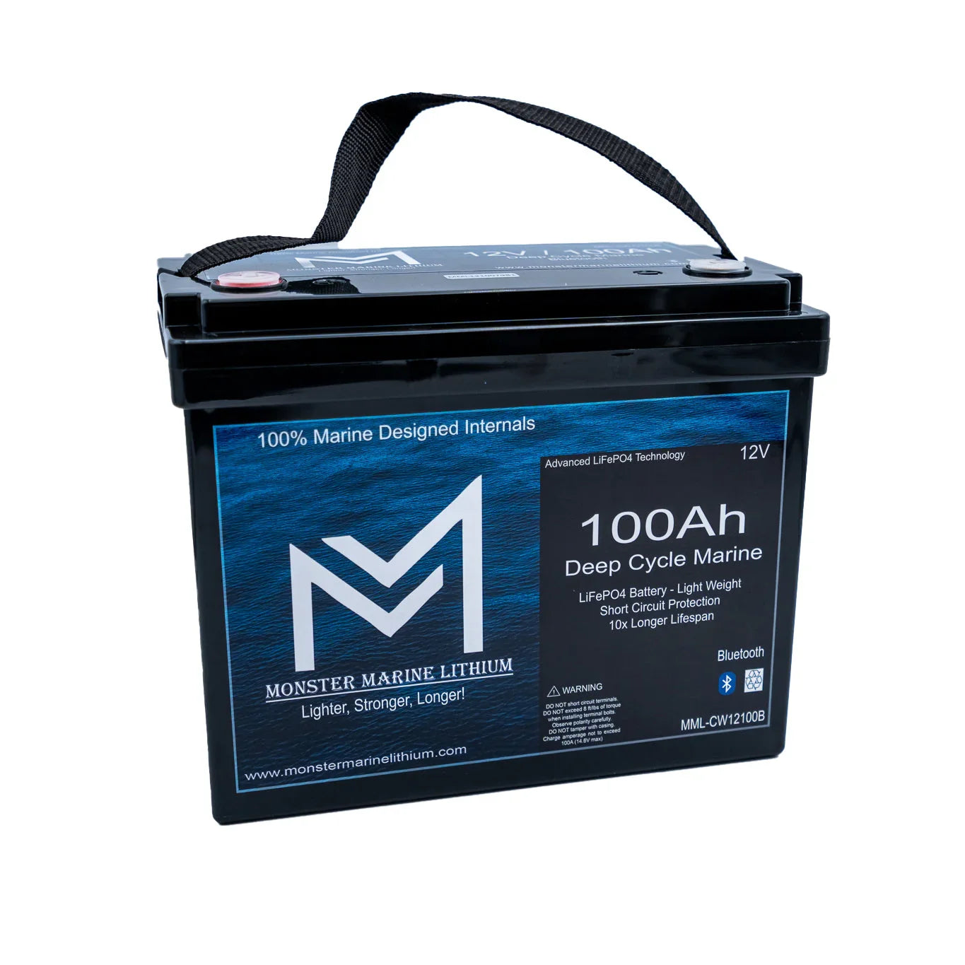 Monster Marine Lithium 100Ah 12V deep cycle marine battery with handle, blue label