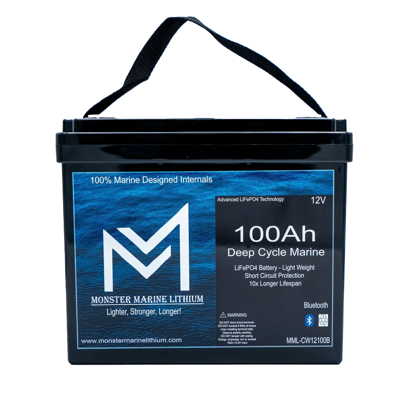 Monster Marine Lithium 100Ah deep cycle marine battery with handle, black case, blue label