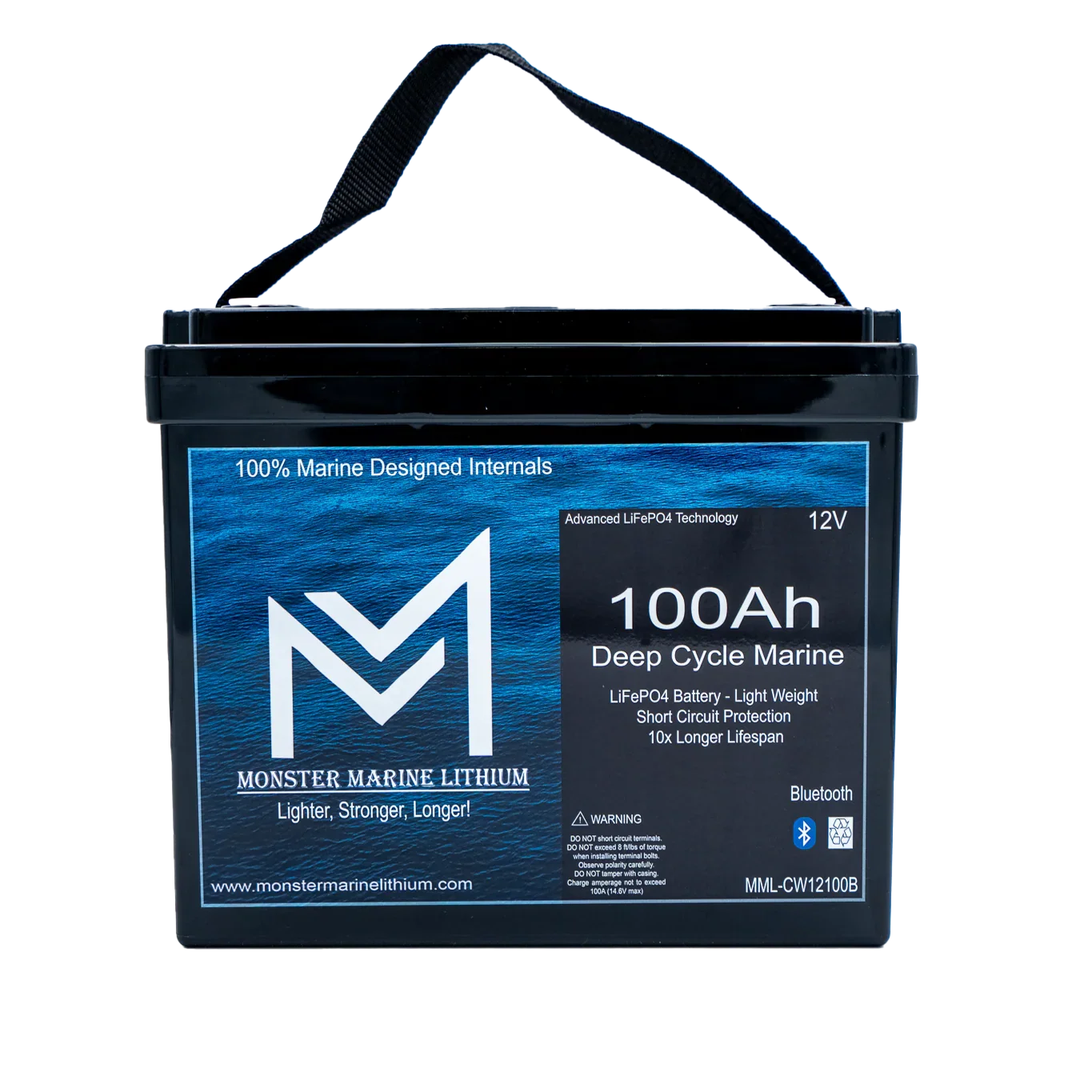 Monster Marine Lithium 100Ah deep cycle marine battery with handle, black case, blue label