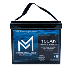 Monster Marine Lithium 100Ah deep cycle marine battery with handle, black case, blue label