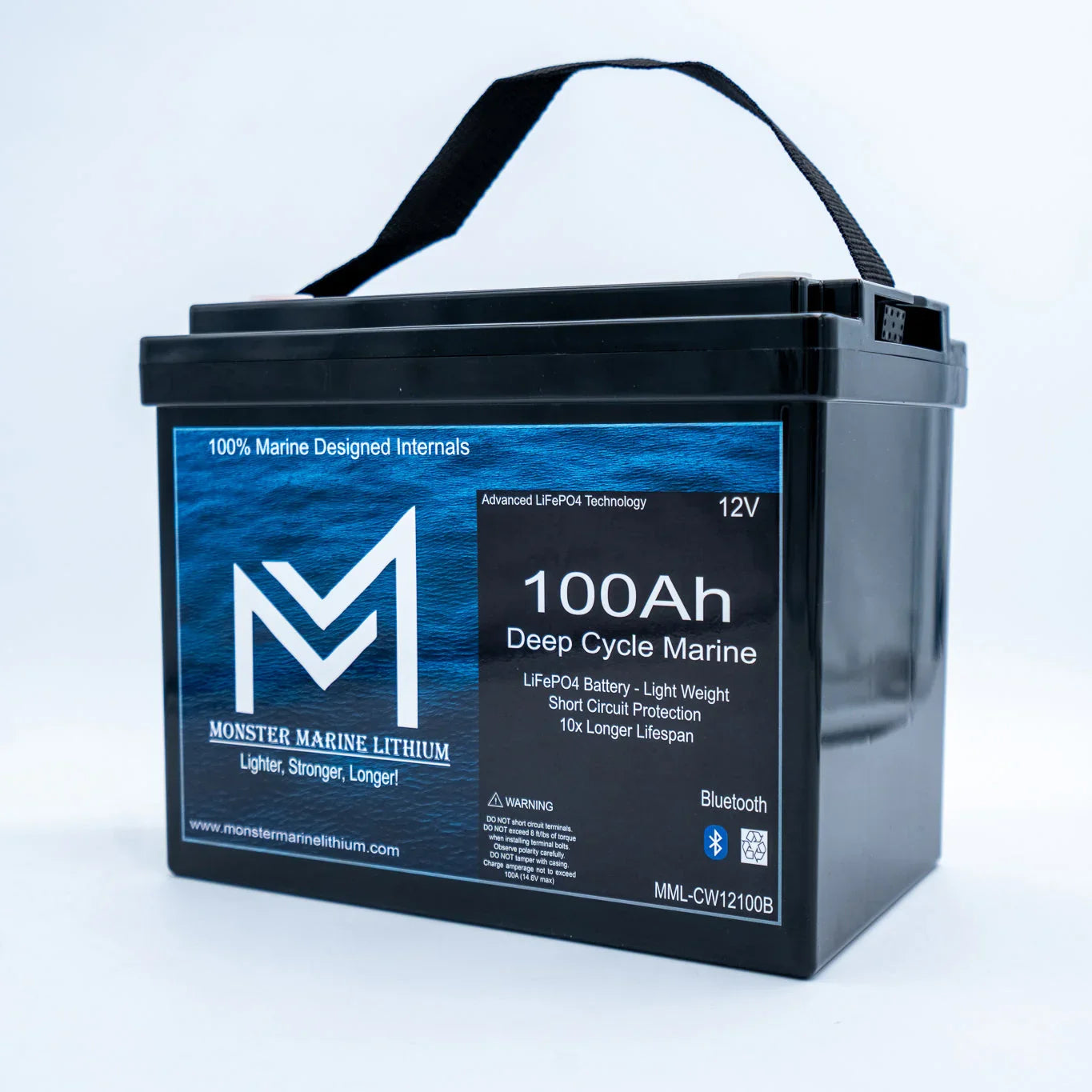 Monster Marine Lithium 100Ah deep cycle marine battery with black case and carrying handle