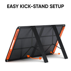 Jackery portable solar panel with easy kickstand setup, black and orange design