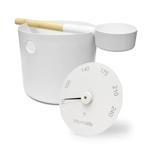 SaunaLife Accessory Package 6 | Aluminum 1-Gallon Sauna Bucket Set with Wood Ladle and Thermometer - Green Vista Living