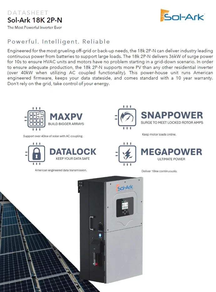 Sol-Ark 18K 2P-N inverter datasheet with solar panel background, product features and icons