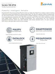 Sol-Ark 18K 2P-N inverter datasheet with solar panel background, product features and icons