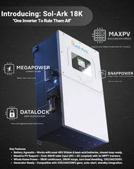 Sol-Ark 18K home inverter with display screen, power features, and data lock options shown.