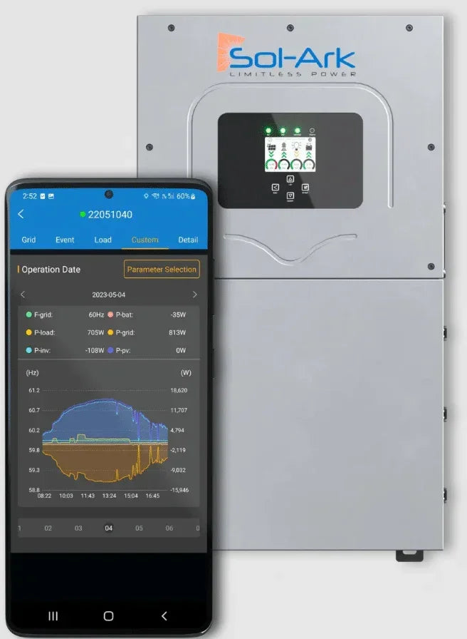 Sol-Ark solar inverter with mobile app energy monitoring display