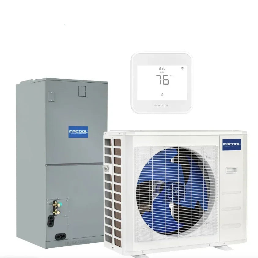 MRCOOL heat pump system with indoor unit, outdoor unit, and digital thermostat