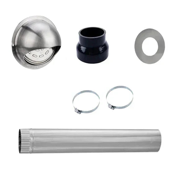 Side vent kit with stainless steel vent hood, duct pipe, hose clamps, adapter, and gasket