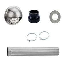 Side vent kit with stainless steel vent hood, duct pipe, hose clamps, adapter, and gasket