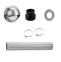 Side vent kit with stainless steel vent hood, duct pipe, hose clamps, adapter, and gasket