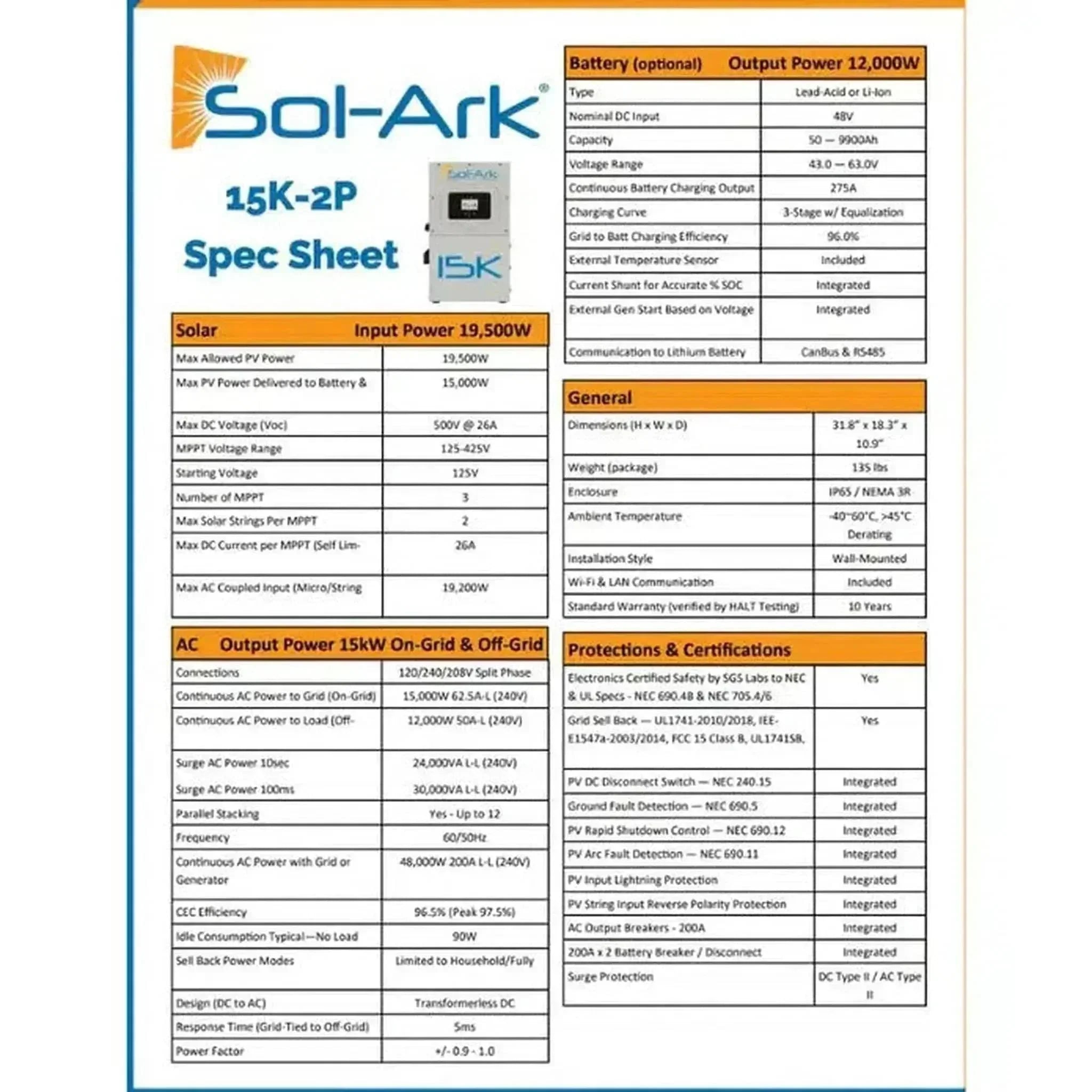 Sol-Ark 15K All-In-One Hybrid Solar Inverter | 120/240/208V 48V Pre-Wired | 10-Year Warranty - Green Vista Living