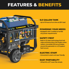 FIRMAN Power Equipment Tri Fuel Portable Generator 8250/6600W Electric Start Wheel Kit Bonus Cover & Cord CO Alert