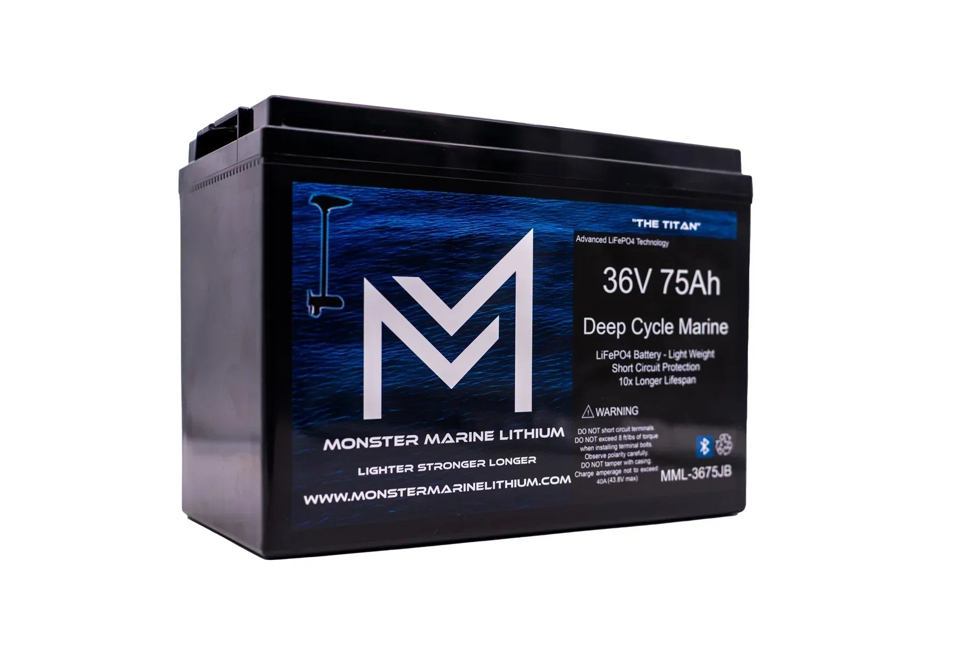 Monster Marine Lithium 36V 75Ah deep cycle marine battery with blue label and large M logo