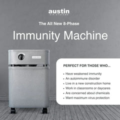 Austin Air Systems 8-phase immunity machine air purifier on wheels against gray wall