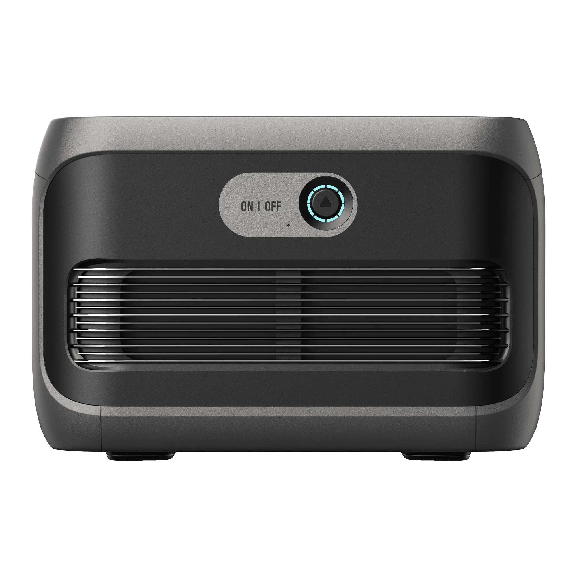EcoFlow portable power station front view with on/off button and vented panel
