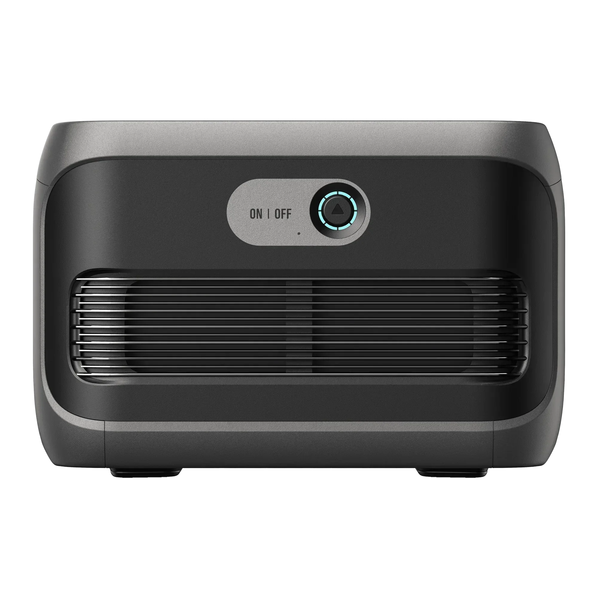 EcoFlow portable power station front view with on/off button and vented panel